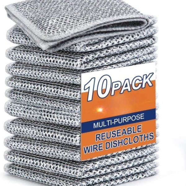 Multipurpose Wire Dishwashing Rags for Wet and Dry, Non-Scratch Wire Dishcloth Reusable Dishwashing Rags Premium Scrubbing Pads Sponge Clean for Home Kitchen Cooktop (Pack of 10)