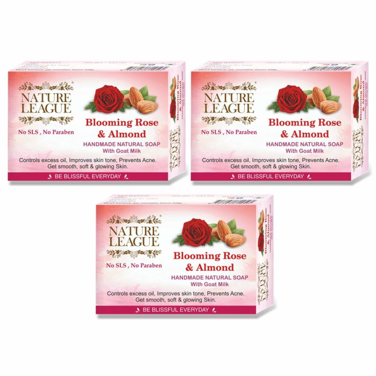 NATURE LEAGUE – BLOOMING ROSE & ALMOND, Natural, Oil Control, Anti-acne, Skin Hydrating, Exfoliating Handmade Bathing Soap, With Natural Oils & Goat Milk, SLS & Paraben Free, Pack of 3 (300 gms)