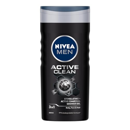 NIVEA Men Body Wash, Active Clean with Active Charcoal, Shower Gel for Body, Face & Hair, 250 ml