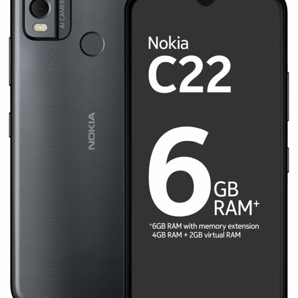 Nokia C22 | 3-Day Battery Life | 6GB RAM (4GB RAM + 2GB Virtual RAM) | 13 MP Dual Rear AI Camera with Night & Portrait Mode | IP52 | Charcoal