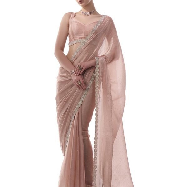 ORHANS Women's Chiffon All Over Fix Diamond & Lace Work Saree With Art Silk Matching Unstitched Blouse Piece