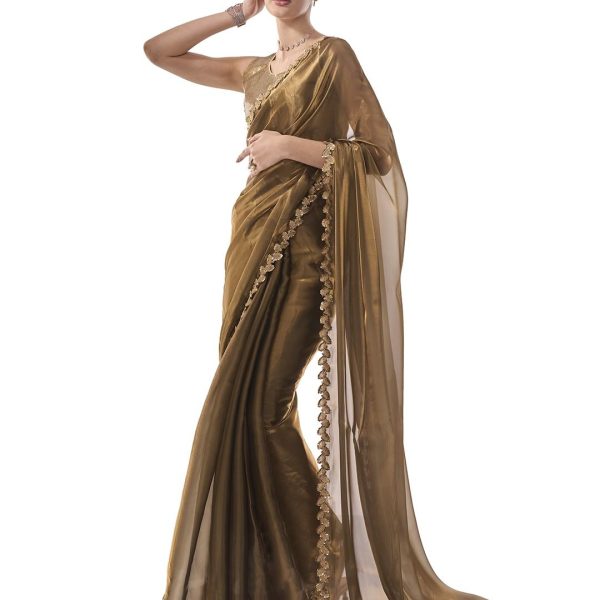 ORHANS Women's Organza Lightweight Lace Work Saree With Art Silk Sequence Work Golden Unstitched Blouse Piece