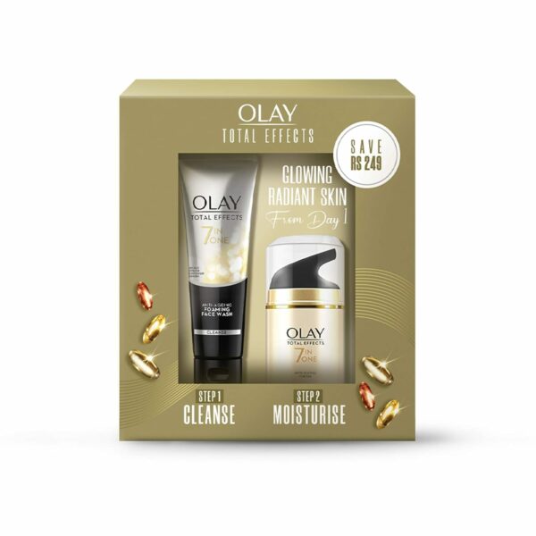 Olay Total Effects Giftpack - Day Cream with SPF 15 50gm + Cleanser 100g | Fights 7 Signs of Ageing | With Niacinamide and Green Tea Extracts | Normal, Oily, Dry, Combination Skin | Pack of 2