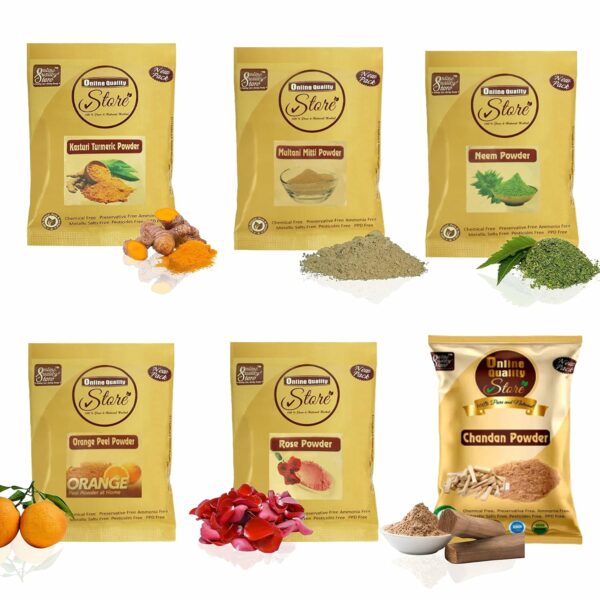 Online Quality Store Combo of Multani Mitti Powder (50g) with Kasturi Turmeric Powder (50g) Orange Powder (50g), Neem Powder (50g), Chandan Powder (50g) and Rose Powder (50g) (Total 300g, Pack of 6)