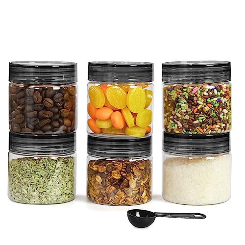 PEARLPET Tiffany Plastic Containers for Kitchen Storage | Plastic Container Set with Spoon | BPA-Free, Stackable Jars | Black,200 ML (Set of 6)