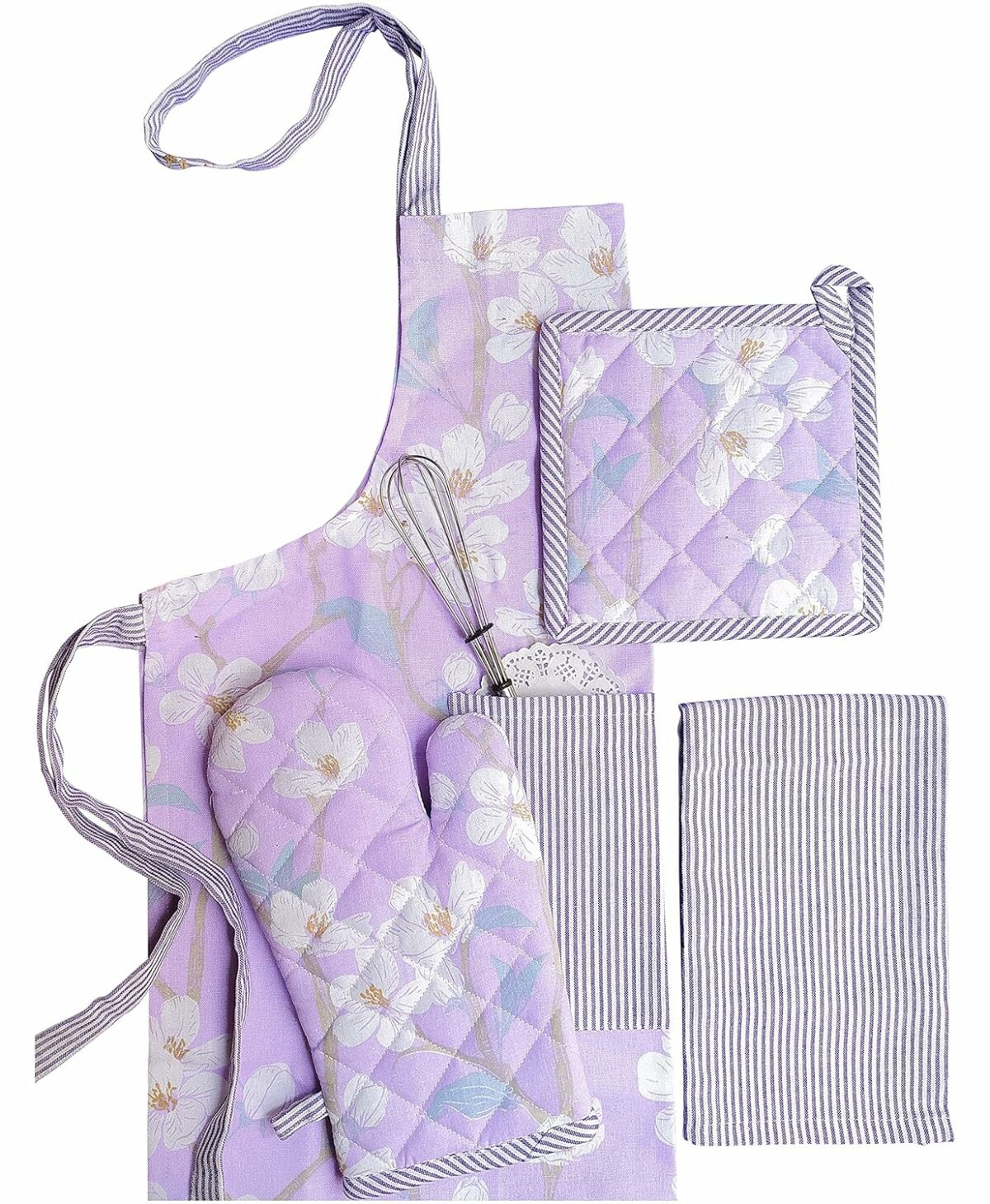 PIXEL HOME DECOR Printed Apron With Oven Mitt and Pot Holder with Kitchen Towel - Cherry Blossom Collection (Lilac Blossom)