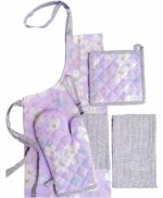 PIXEL HOME DECOR Printed Apron With Oven Mitt and Pot Holder with Kitchen Towel - Cherry Blossom Collection (Lilac Blossom)