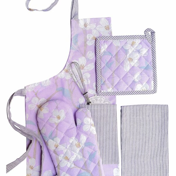 PIXEL HOME DECOR Printed Apron With Oven Mitt and Pot Holder with Kitchen Towel - Cherry Blossom Collection (Lilac Blossom)