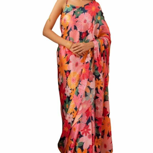 Pandadi Saree Women's Satin Silk Digital Printed Saree With Unstitched Blouse Piece