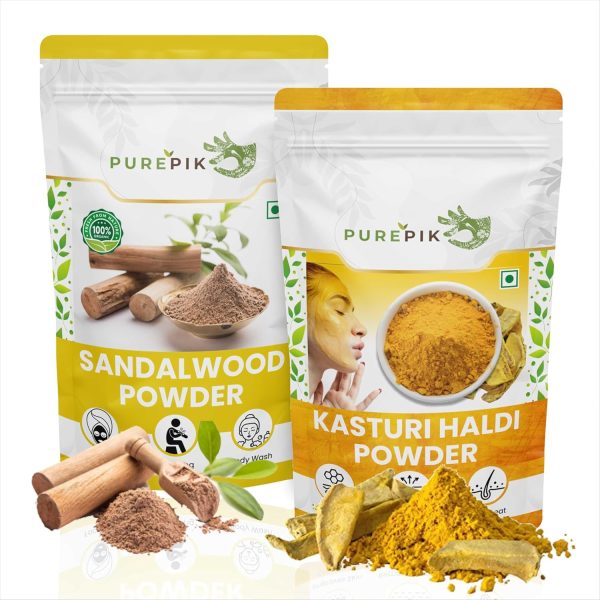 Pure Pik Sandalwood Powder for face pack 100g + Kasturi Haldi Powder for face beauty 100 gram each | Chandan Powder, Wild turmeric powder,kasturi manjal | Toatl 200 gram Value pack