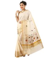 R SELVAMANI TEX Women's Cotton Kerala Kasavu Saree (Beige-Flower)