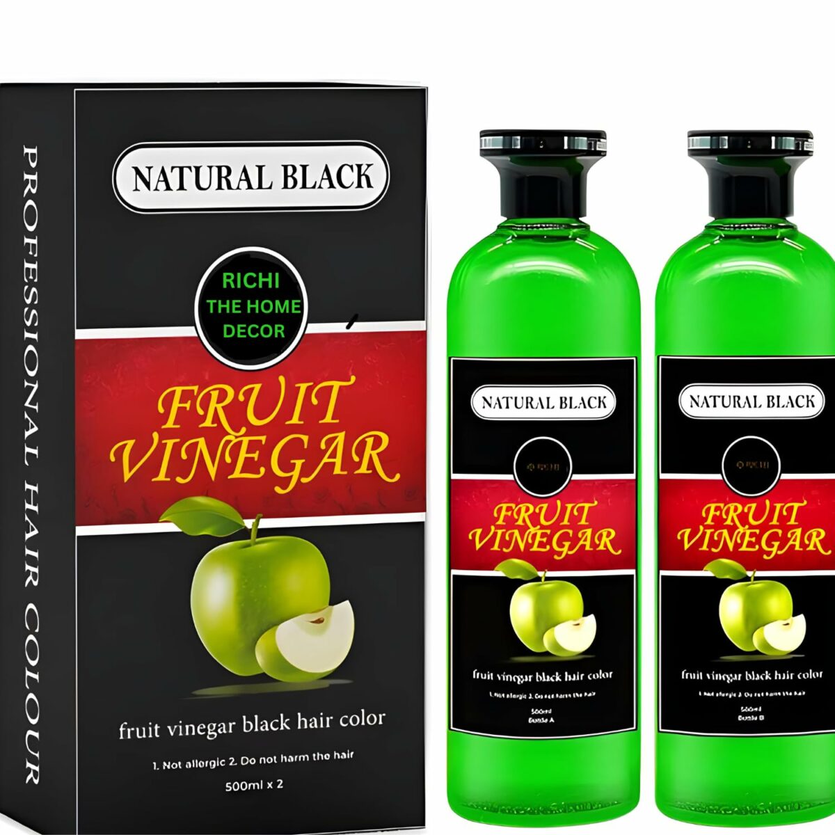 RICHI Fruit Vinegar Hair Color, Natural Black Colorfor Hair,Natural Color (500ml x 2) |