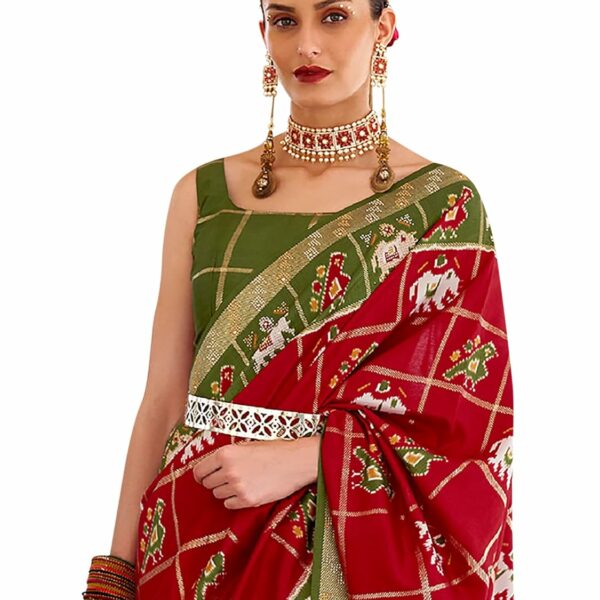 SAREE MALL Women's Embellished Animal Print Pure Patola Silk Saree With Unstitched Blouse Piece