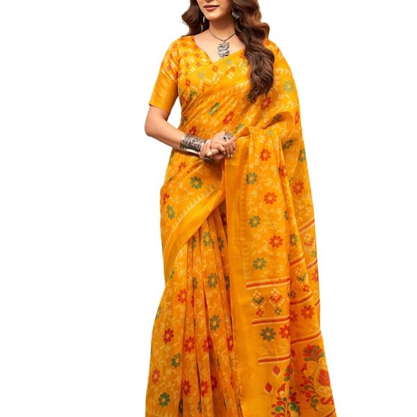 SIRIL Women's Cotton Printed Saree With Unstitched Blouse Piece