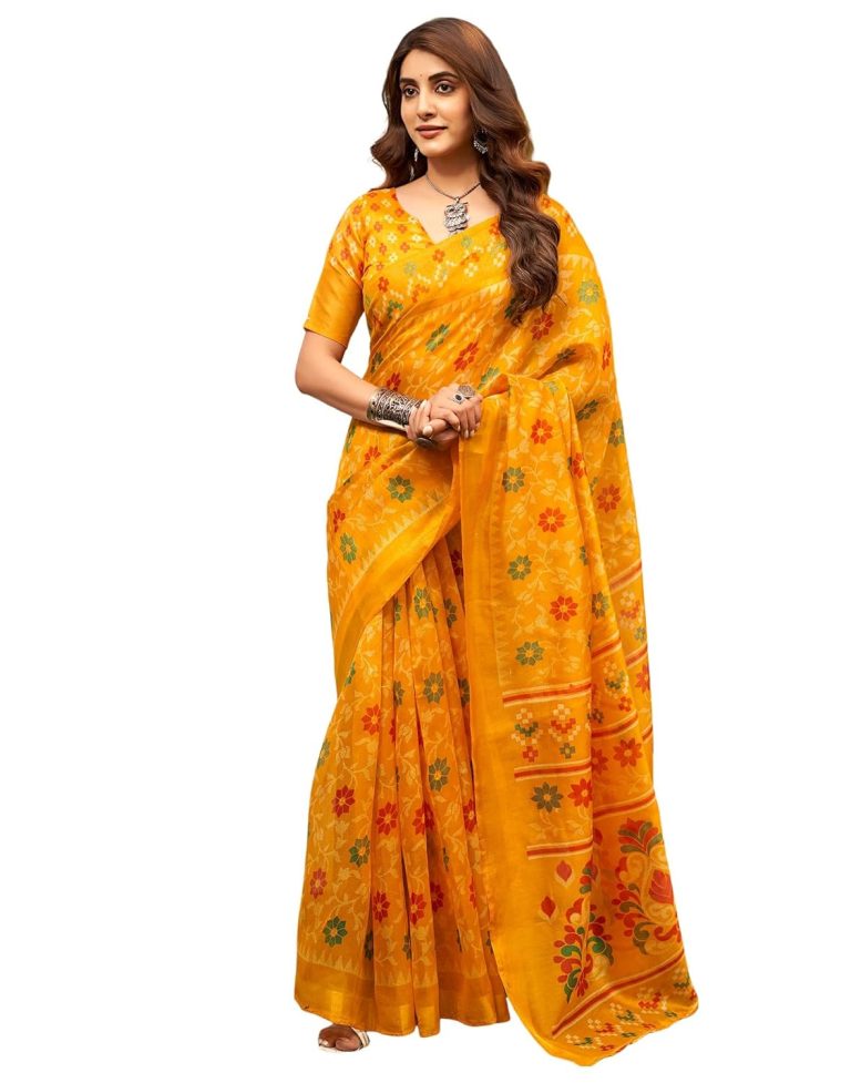 SIRIL Women's Cotton Printed Saree With Unstitched Blouse Piece