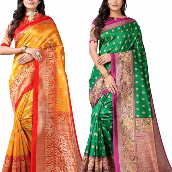 SIRIL Women's Printed Poly Silk Saree with Blouse Combo Pack Of 2