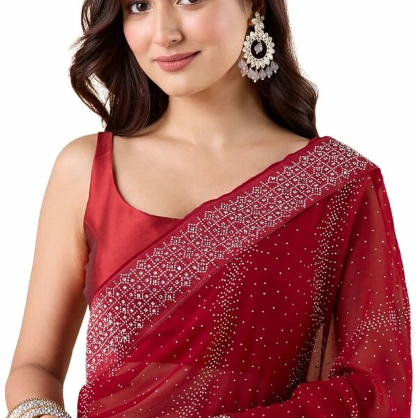 SWADESI STUFF Fox Georgette Saree with Satin Banglory Blouse & Stunning Swarovski Stone Work Saree - Indian Ethnic Wear for Women