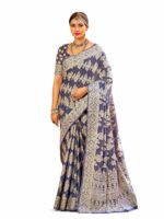 SWORNOF Women's Lucknowi Linen cotton Woven Sarees For Women with Blouse