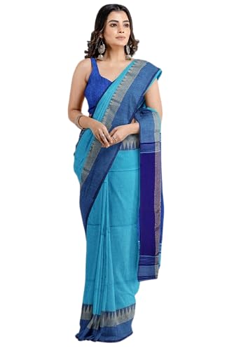 Saree House Women's Regular Fit Cotton Handloom Solid Saree with Un-Stcitched Blouse Piece (Sky Blue)