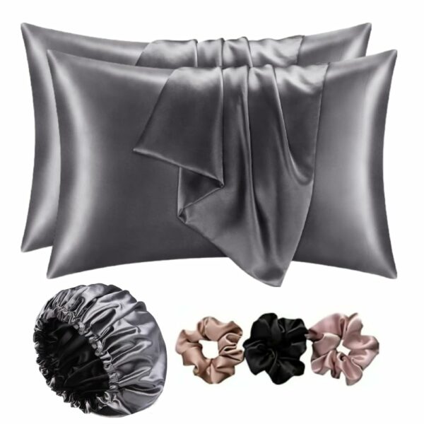 Satin Bonnet for Curly Hair with Free Silk Satin Pillow Covers and Scrunchies | Silk Bonnet for Hair|Best Gift Combo of Pack of 2 Satin Pillowcases with 3 Silk Scrunchies Adjustable HairCap (grey)