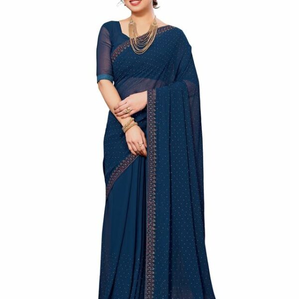 Satrani Women's Georgette Stone Work Saree with Unstitched Blouse Piece