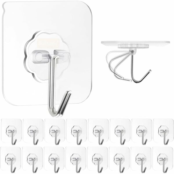 Solitude 20 Pcs PVC Heavy Duty Self Adhesive Stainless Hooks 13.2LB (Max), Transparent Waterproof and Oilproof Wall Hooks for Kitchen Bathroom Shower Door Outdoor Home Improvement Utility Hook