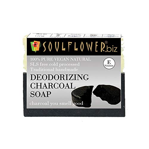 Soulflower Organic Activated Charcoal Soap Men & Women for Detoxifying, Pore Cleansing & Body Odour | 100% Natural, Handmade, Vegan, Vitamin E| 150g