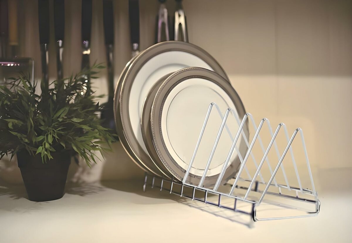 Standify Stainless Steel Thali Rack Dish Rack Plate Stand Dish Stand Lid Holder Utensil Rack For Kitchen- Pack Of 1, 14X32X13 Cm