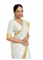 Stylescope Women's Cotton Chanderi Saree With Cotton Blend Unstitched Blouse Piece (Golden White_White_Free Size)