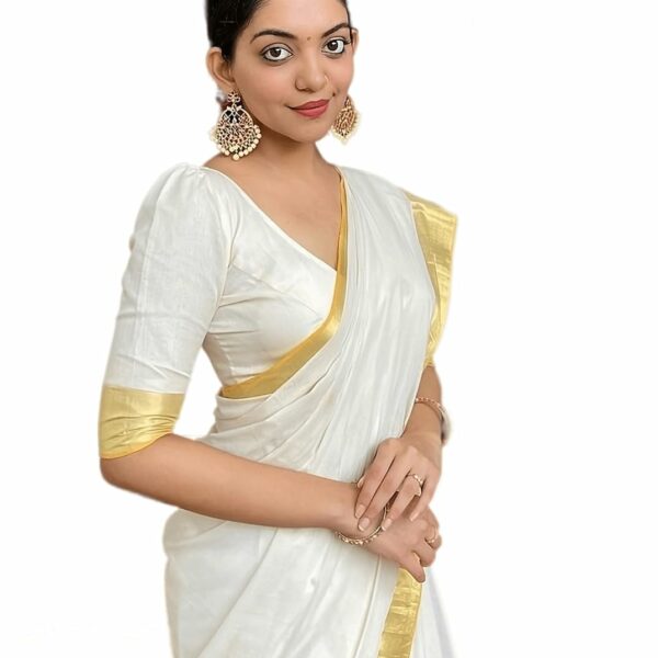 Stylescope Women's Cotton Chanderi Saree With Cotton Blend Unstitched Blouse Piece (Golden White_White_Free Size)