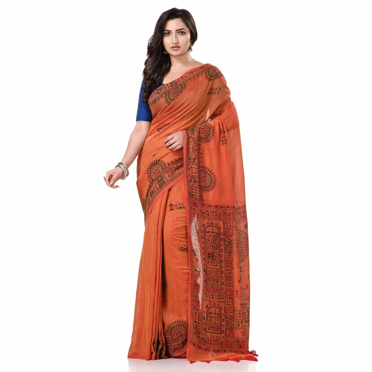 TANTLOOM Women's Tribal Art Warli Print Design Pure Cotton Handloom Saree with Blouse Piece