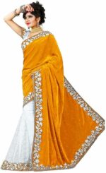 THE KAVYAHI FASHION Women's Velvet & Russel Net Half & Half Saree with heavy Weaving lace saree With Blouse Piece