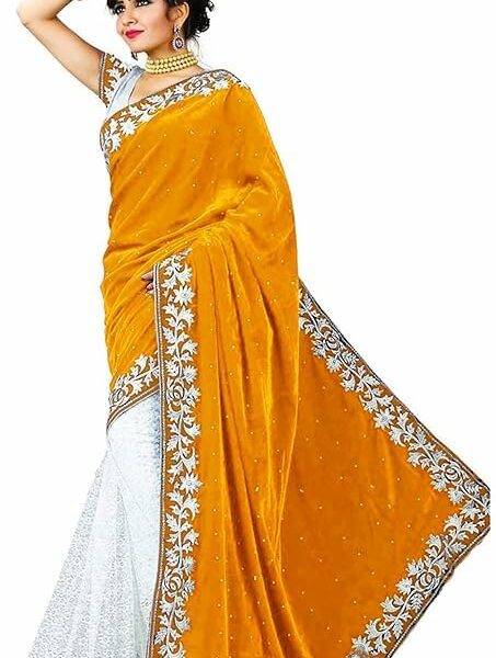 THE KAVYAHI FASHION Women's Velvet & Russel Net Half & Half Saree with heavy Weaving lace saree With Blouse Piece