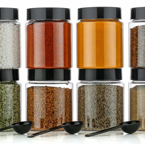 The Sr Brand Multipurpose Unbreakable Plastic Transparent Storage Containers for Kitchen Airtight Masala Box Dabba Spice, Cereal, Dry Fruits Spice Box 250 Ml Round with Spoons (Set of 6 Pcs)