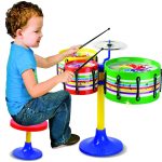 Toyztrend Jazz Drum Set Senior Musical Band Instruments with 3 Drums, 1 Dish, 1 Stool & Sticks for Kids (Assorted Colors & Designs)