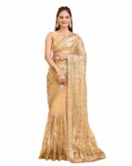 VAIRAGEE Women Beautiful Soft Net Golden Color Trendy Embroidery Latest Saree With Unsticthed Blouse Piece (6207)