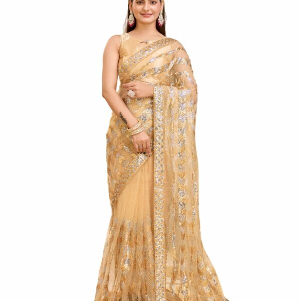 VAIRAGEE Women Beautiful Soft Net Golden Color Trendy Embroidery Latest Saree With Unsticthed Blouse Piece (6207)