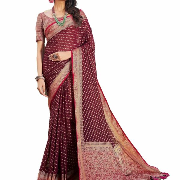 Vardha Women's Banarasi Georgette Saree with Unstitched Blouse Piece - Gold Zari Woven Work Sarees for Wedding (Mohini)