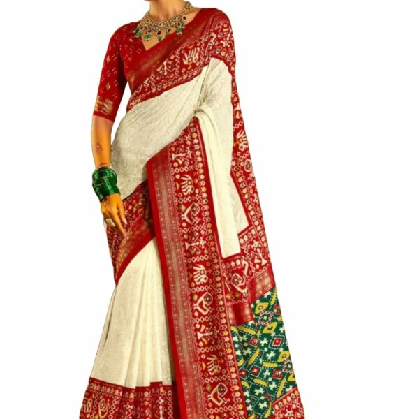 Weaver Saga White Exquisite Chikankari With Patola Fusion Saree