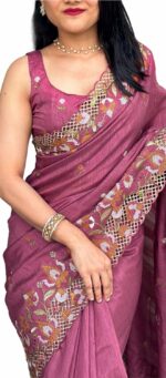 Women's Thread and Embroidered Cut Work Visca Slub Silk Saree With Blouse