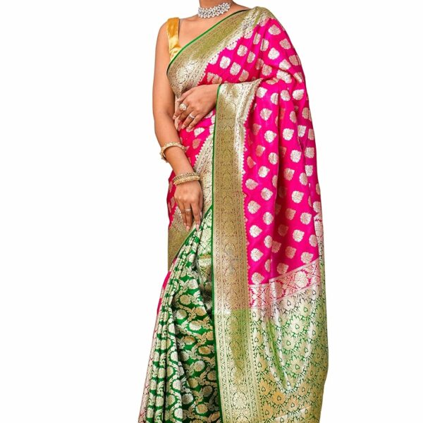 Women's Woven Self Banarasi Katan Silk Saree Traditional Ladies Wear Sarees with Blouse Piece for Wedding Season | Colour Pink with Green