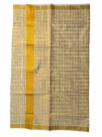 YETTALAN® Women's Kerala Traditional Cotton Gold Jari Checked Kasavu Saree with Running Blouse