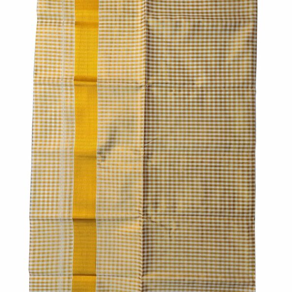 YETTALAN® Women's Kerala Traditional Cotton Gold Jari Checked Kasavu Saree with Running Blouse