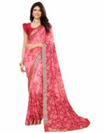 Yashika Womens Latest Woven Printed Georgette and Jacquard lace Saree with Unstitched Blouse Material - Suitable for All Indian Weddings and Festivals