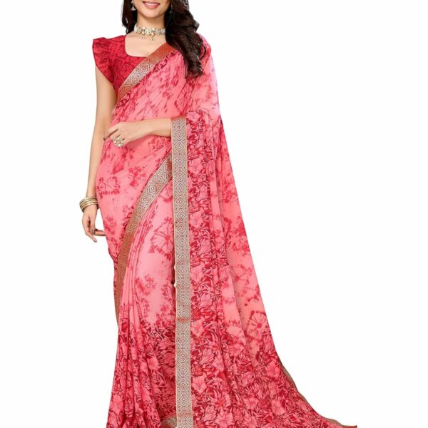 Yashika Womens Latest Woven Printed Georgette and Jacquard lace Saree with Unstitched Blouse Material - Suitable for All Indian Weddings and Festivals