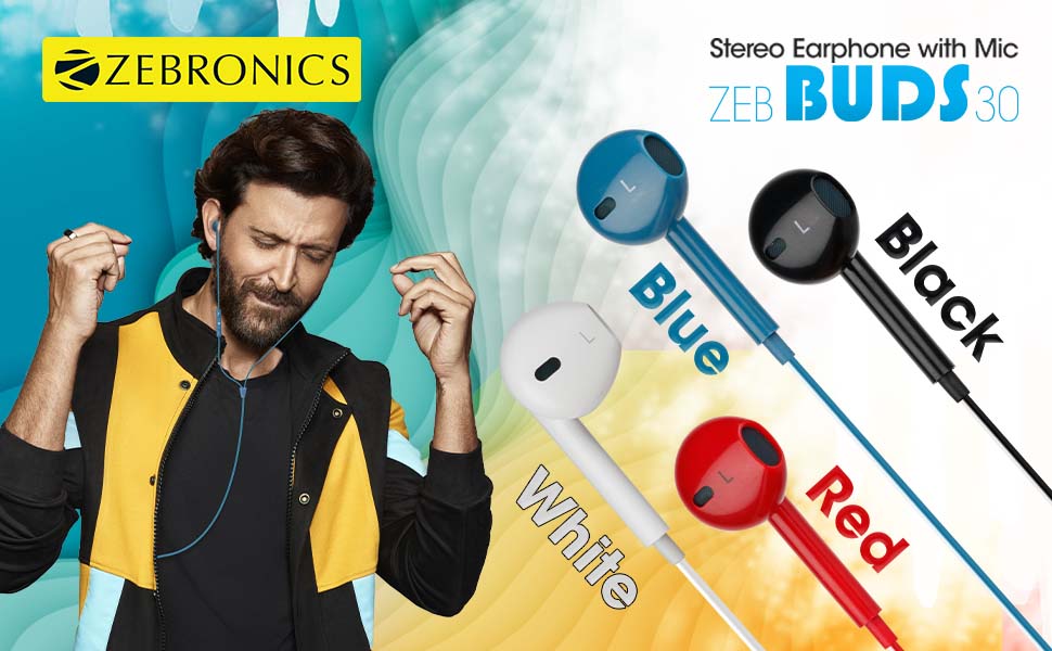 zeb buds 30,stereo earphones,zebronics earphones, earphone with mic,earphone 