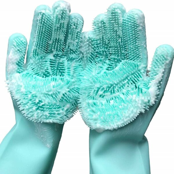 Zureni Silicone Gloves Reusable Rubber Dishwashing Kitchen Scrubber for Pet Grooming Washing Dishes Bathroom Car - (2 Pair, Multicolour)