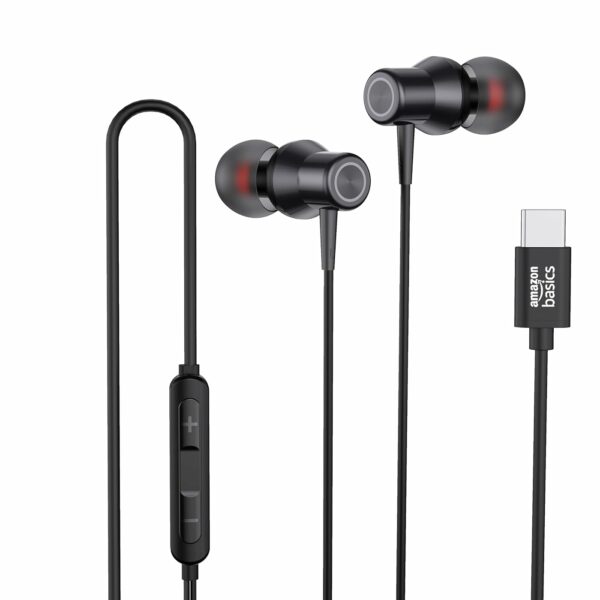 amazon basics EP2 in Ear Type C Wired Earphones with Mic, Tangle Free 1.18 Metre Cable, Metallic Design, 10mm Drivers, in Line Mic & Volume Controller (Black)