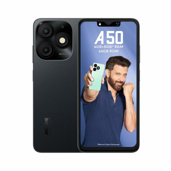 itel A50|6.6" HD+ Display with Dynamic Bar| 4GB RAM +64GB ROM, Upto 12GB RAM with Memory Fusion|Octacore Processor|8MP AI Dual Rear Cam|5000 mAh Battery | Misty Black