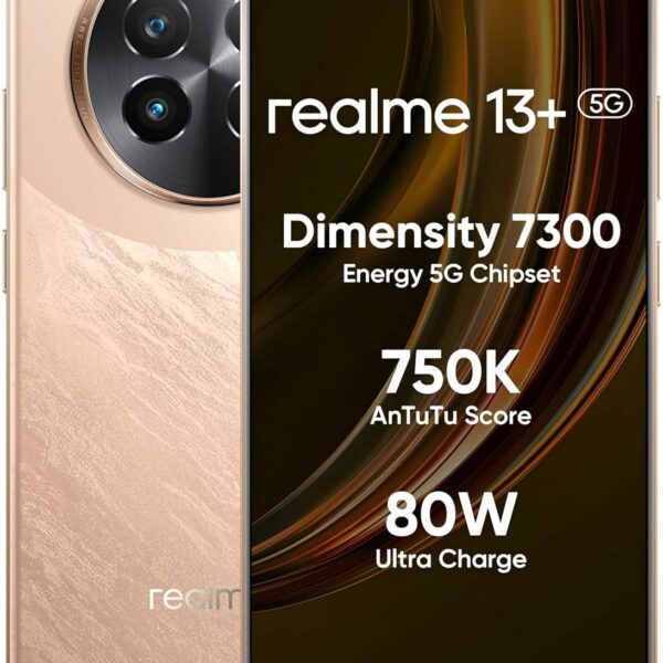 realme 13+ 5G (Victory Gold, 8GB RAM, 256GB Storage) | Expandable Upto 2TB | Up to 18GB Dynamic RAM | 50MP AI Dual Camera | 6.67" AMOLED Display | 80W Ultra Charging DAK | Dimensity 7300E Processor